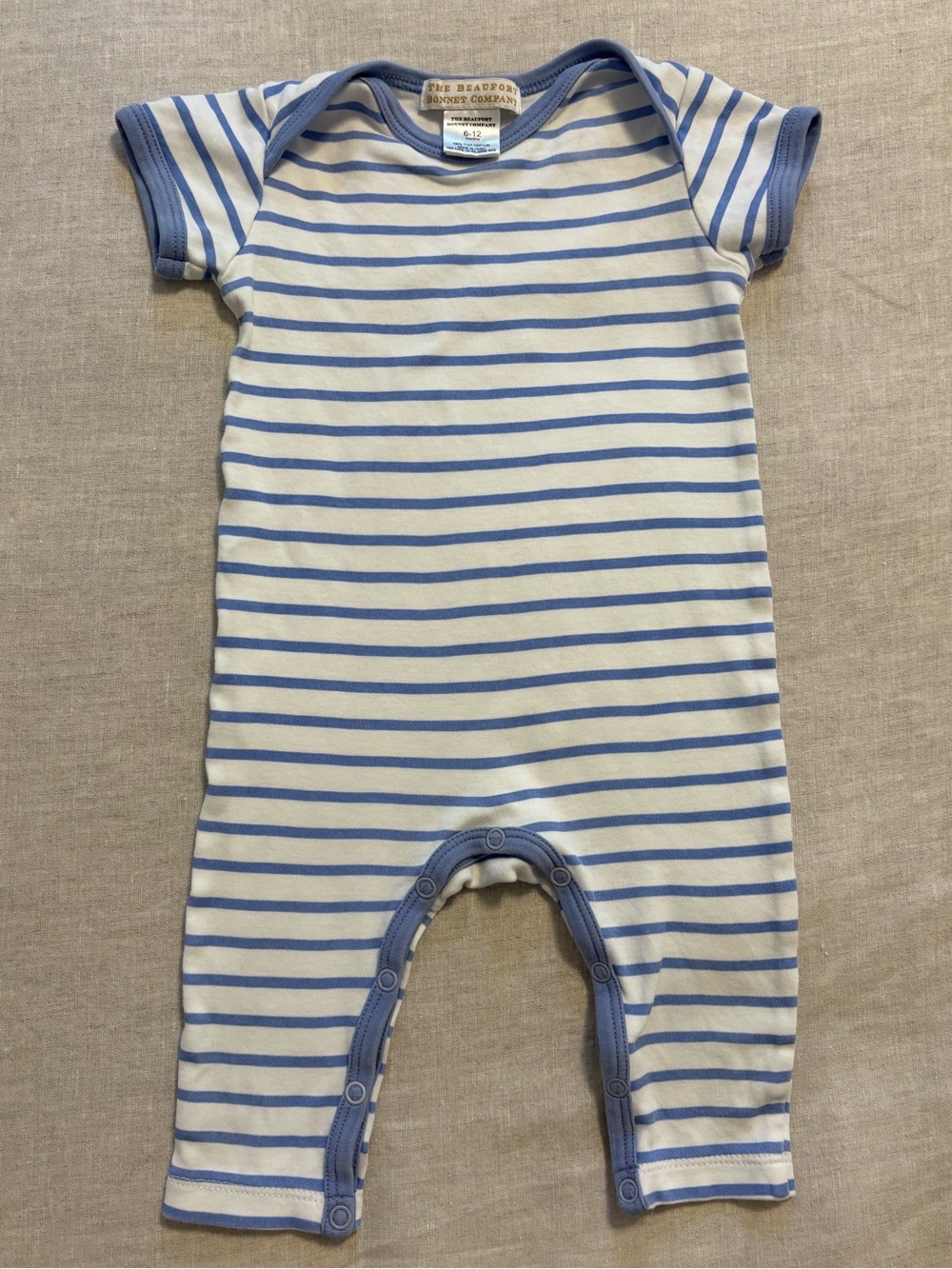 The Beaufort Bonnet Company TBBC Blue White Striped Romper Size 6-12 M